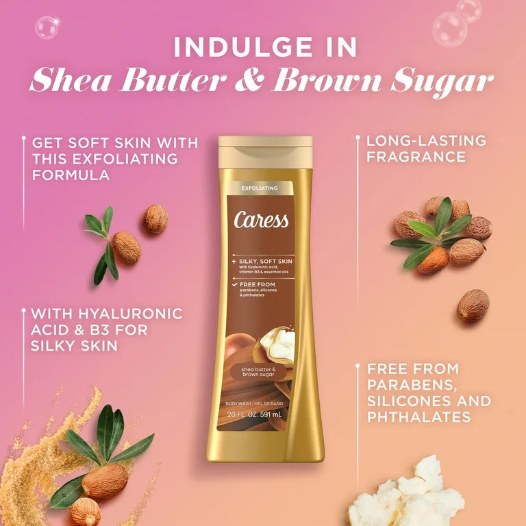 Caress Exfoliating Body Wash – Shea Butter & Brown Sugar (20 fl oz)