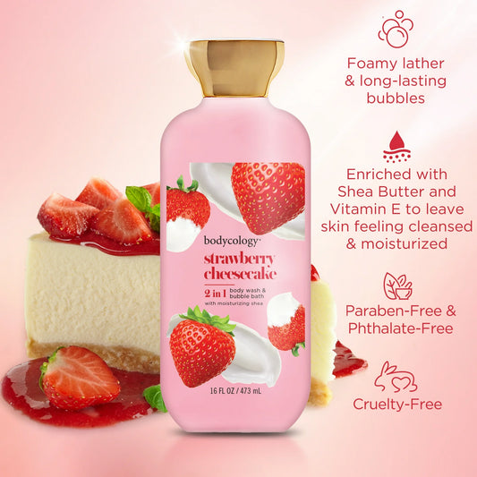 Bodycology 2-in-1 Body Wash & Bubble Bath, Strawberry Cheesecake – 16 fl oz