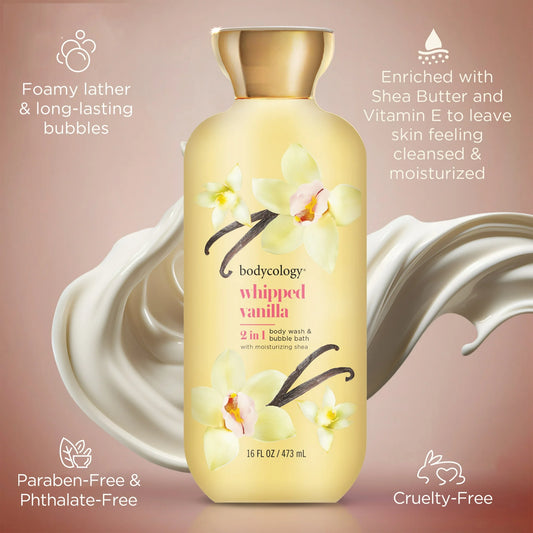 Bodycology 2-in-1 Body Wash & Bubble Bath, Whipped Vanilla – 16 fl oz