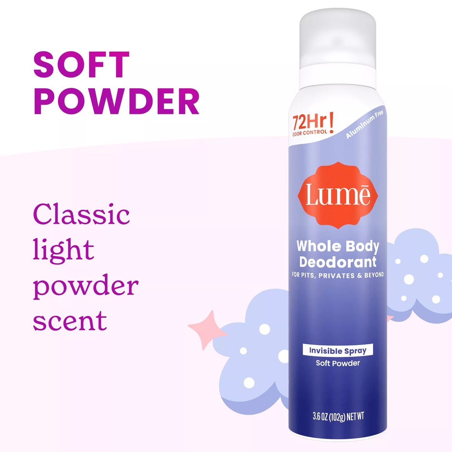 Lume – Whole Body Women’s Invisible Spray Deodorant (Soft Powder, 106 g / 3.6 oz)