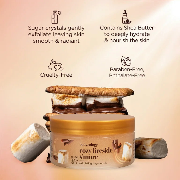 Bodycology Exfoliating Sugar Scrub, Cozy Fireside S’more – 10 oz