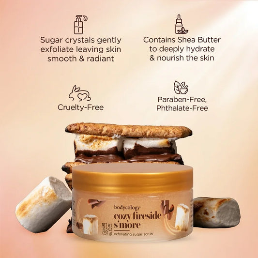 Bodycology Exfoliating Sugar Scrub, Cozy Fireside S’more – 10 oz