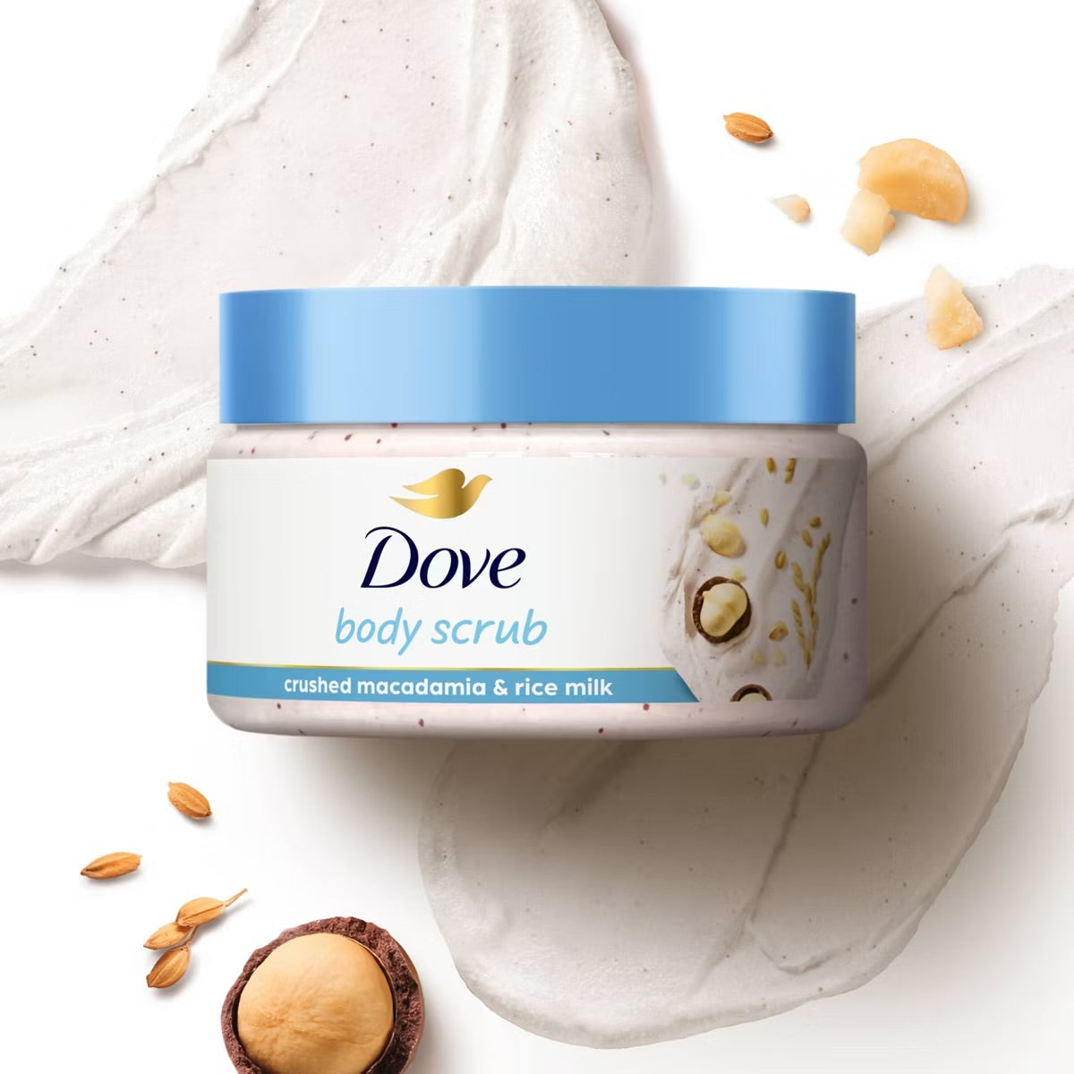 Dove Beauty Mini Body Scrub – Crushed Macadamia & Rice Milk | 3.5 oz Trial Size